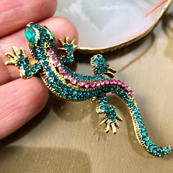 Broche lézard ou pendentif, broche lézard en cristal, broche lézard bleu marine, broche Geko, épingle Geko, bijoux Geko, épingle lézard, cadeau reptile