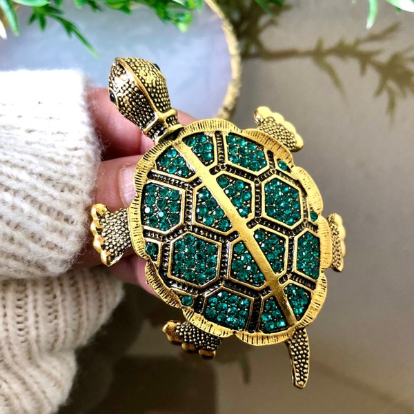 Turtle Brooch, Crystal Turtle Design Brooch, Green and Gold Rhinestone Tortoise, Turtle Jewellery Brooch Pin, Sealife Turtle Jewellery Gift