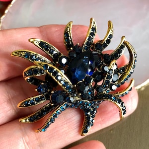 ROYAL BLUE Crystal Rhinestone Brooch, FLOWER Brooch, Dark blue brooch, Vintage style jewelry, Gifts for her