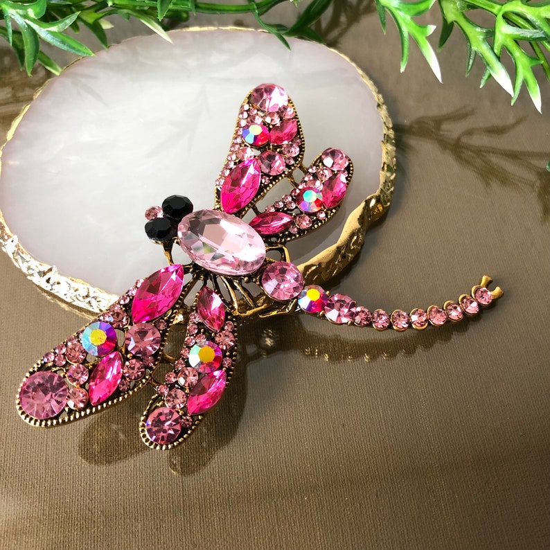 Broche de libélula grande de pedrería de cristal, alfiler de libélulas rosas, regalo de joyería de insectos imagen 8