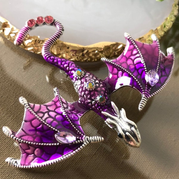 Dragon Brooch, Purple Dragon Brooch, Crystal Dragon Brooch Pin, Rhinestone Dragon Brooch, Dragon Jewellery, Dragon Gift