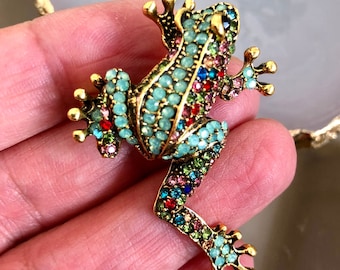 Sparkly Frog Brooch: Rhinestone Crystal Toad Pin, Gift Ideas