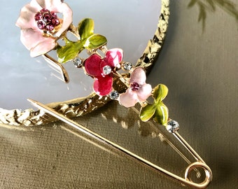 Grande spilla da balia rosa con strass di cristallo, spilla da balia fiore, gioielli in stile vintage, regalo