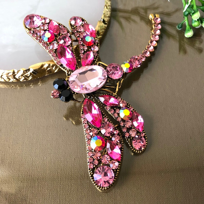 Broche de libélula grande de pedrería de cristal, alfiler de libélulas rosas, regalo de joyería de insectos imagen 7