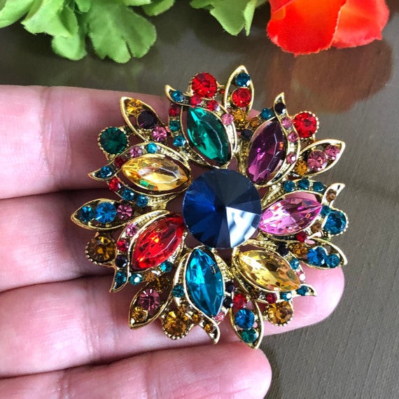 Crystal Rhinestone Round Brooch, Colorful Jewelry… - image 3