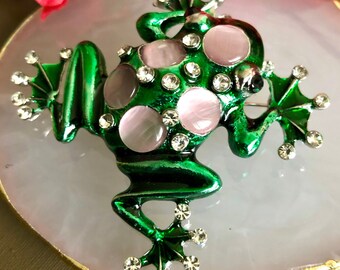 Large Enamel Frog Brooch: Rhinestone Toad Pin