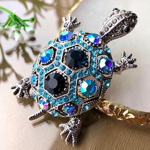 Blaue Kristall Schildkröte Brosche, Strass Schildkröte Pin, Sea Life Schmuck Geschenk