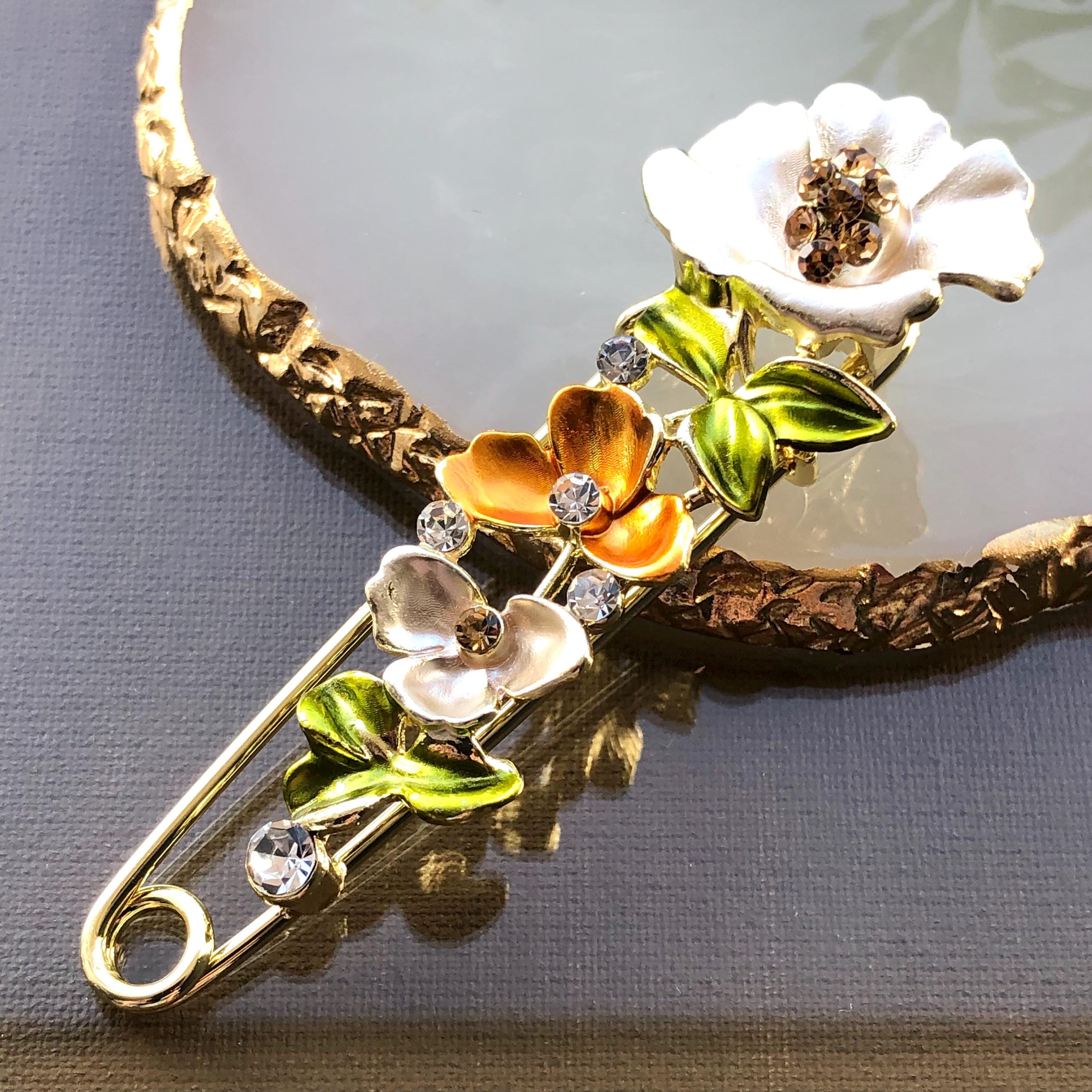 Ancienne Broche Métal Doré Et Céramique – Fleurs – Bijou Vintage