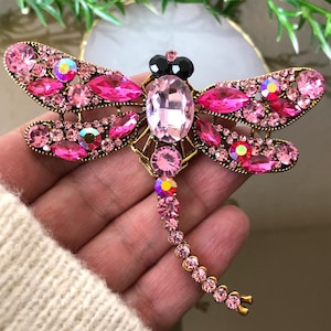 Crystal rhinestone large dragonfly brooch, Pink Dragonflies pin, Insect jewelry gift