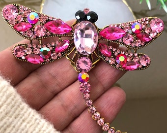 Grande broche libellule en cristal avec strass, épinglette libellules roses, cadeau bijoux insecte