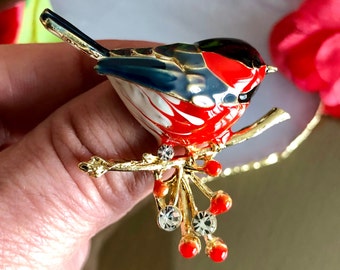 Vogel Brosche, schwarz, rot und weiß Emaille Strass Vogel Schmuck, kleine Vogel Brosche, Geschenk für Frauen oder Männer