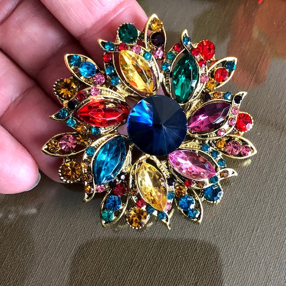 Crystal Rhinestone Round Brooch, Colorful Jewelry… - image 2