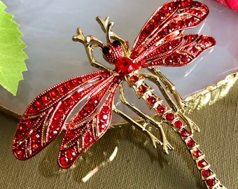 Broche libellule en cristal avec strass, épingle libellule rouge de style vintage, cadeau bijoux libellule