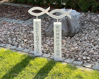 Konfirmation Kommunion Deko-Set - Säulen aus Holz mit Fisch | Türstele | Dekosäulen Holzsäule Kommunion Geschenk