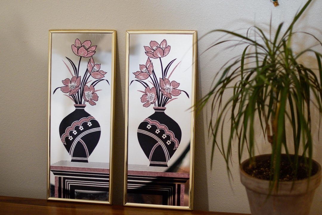 Picture of Vintage Mirrored Wall Panels With Floral Vase Design | Retro Home Decor ...