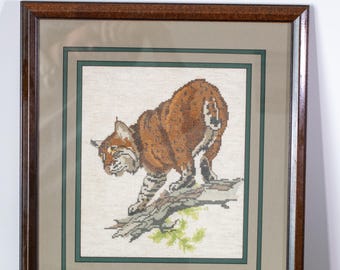 Framed Bobcat Cross Stitch: Vintage Wildlife Needlework, Rustic Cabin Decor