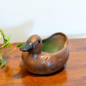May include: A brown ceramic duck planter with a green glazed interior. The planter is sitting on a wooden surface.