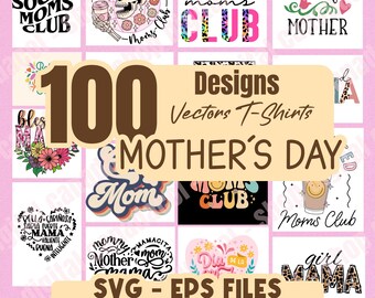 May include: A collage of 100 designs for Mother's Day t-shirts. The designs feature various colors, patterns, and text, including "Anti-Social Moms Club", "Bad Moms Club", "Beautiful Mother", and "Mom's Club".