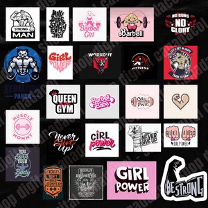 May include: Collection of fitness-themed graphics and logos. Designs include text like "Strong Man," "Girl Power," and "Never Give Up." Various illustrations feature weightlifting, muscular figures, and motivational slogans.