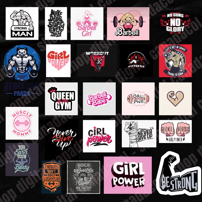 May include: Collection of fitness-themed graphics and logos. Designs include text like "Strong Man," "Girl Power," and "Never Give Up." Various illustrations feature weightlifting, muscular figures, and motivational slogans.