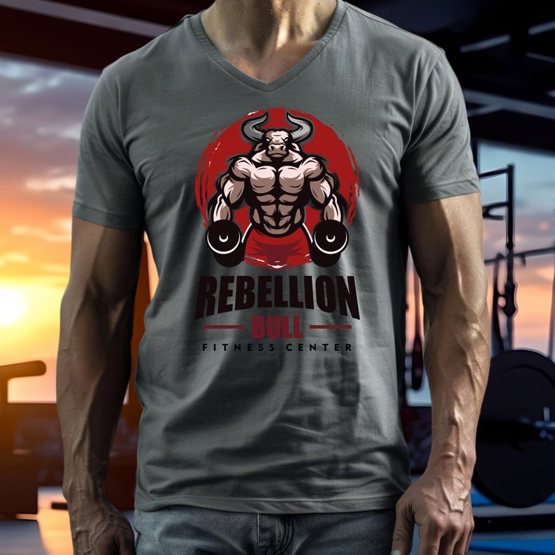 May include: Gray V-neck t-shirt featuring a muscular bull graphic with the text "REBELLION BULL FITNESS CENTER" in red and black. The bull is set against a red circular background. The shirt is made of a soft material.