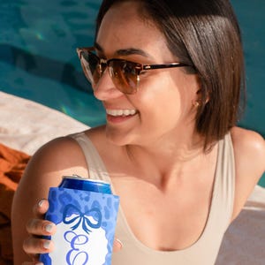 Custom Monogram Can Cooler, Personalized Monogrammed Koozie, Gift for her, Slim Seltzer Coozie, Blue Leopard Cup Hugger, Coquette Bow Holder