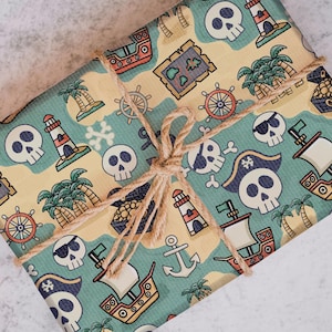 Papel de regalo pirata, hoja de papel de regalo pirata, regalos para niños, cofre del tesoro con calavera para fiesta de cumpleaños, rollo de regalo para celebración náutica