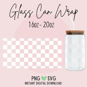 May include: A digital download of a glass can wrap design for 16oz to 20oz cans. The design is a transparent glass can with a brown lid and a straw. The text "Glass Can Wrap 16oz - 20oz" is at the top of the image. The text "PNG SVG INSTANT DIGITAL DOWNLOAD" is at the bottom of the image.