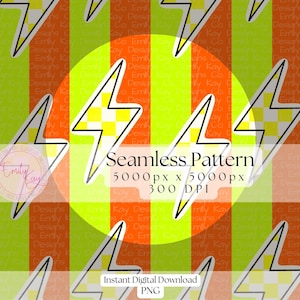 May include: Seamless pattern featuring repeating lightning bolt graphics with a yellow and white checkered design, outlined in black. The background has vertical stripes in orange and lime green. The text "Seamless Pattern" is visible.