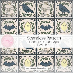 May include: Seamless pattern featuring Halloween-themed illustrations. The design includes images of crows, bats, ghosts, and skeletons, all set within a square tile format. The text "Seamless Pattern" is displayed prominently.
