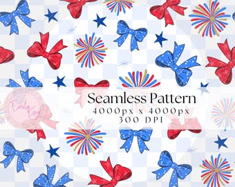 Red White Blue Seamless Pattern, 4th of July Coquette Bows Repeating File, Fourth July Fireworks Stars Checkered, July 4 Fabric Sublimation