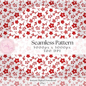 May include: A seamless pattern featuring red and pink flowers with green stems on a white background. The pattern is 5000 pixels by 5000 pixels and 300 DPI. The text "Seamless Pattern" is at the top of the image. The text "Instant Digital Download PNG" is at the bottom of the image.
