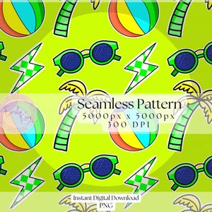 May include: A seamless pattern featuring a bright green background with repeating images of palm trees, sunglasses, beach balls, and lightning bolts. The text "Seamless Pattern 5000px x 5000px 300 DPI" is in the center of the image. The text "Instant Digital Download PNG" is at the bottom of the image.