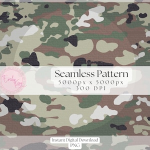 May include: Seamless camouflage pattern in shades of green, brown, and white. The pattern is 5000 pixels by 5000 pixels and 300 DPI. Instant digital download PNG.