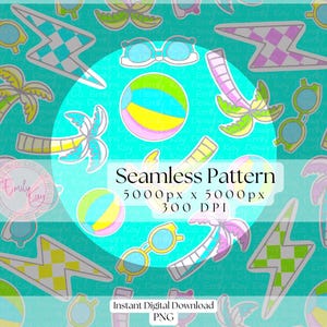 May include: A seamless pattern featuring a variety of summer-themed elements, including palm trees, sunglasses, beach balls, and lightning bolts. The pattern is set against a turquoise background and features a variety of bright colors, including yellow, pink, green, and blue. The text "Seamless Pattern 5000px x 5000px 300 DPI" is included in the image. The text "Instant Digital Download PNG" is also included in the image.