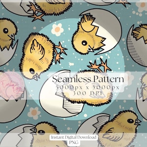 Könnte beinhalten: Ein nahtloses Muster mit gelben Küken, die aus Eierschalen auf einem hellblauen Hintergrund mit weißen Punkten schlüpfen. Das Muster ist 5000px mal 5000px groß und hat 300 DPI.