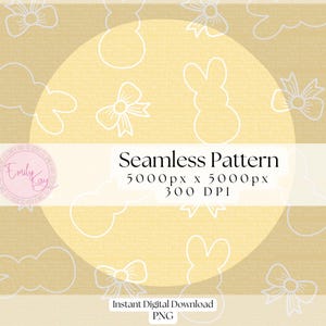 May include: A seamless pattern featuring white outlines of bows, bunnies, and other shapes on a light yellow background. The text "Seamless Pattern 5000px x 5000px 300 DPI" is displayed in black text on a white rectangle. The text "Instant Digital Download PNG" is displayed in black text on a white rectangle.
