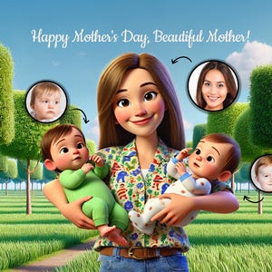 Pixar Style Mother’s Day Portrait | Custom 3D Cartoon Drawing from Your Photo | Gift for Mom with Child, Baby or Pet – Up to 3 Characters