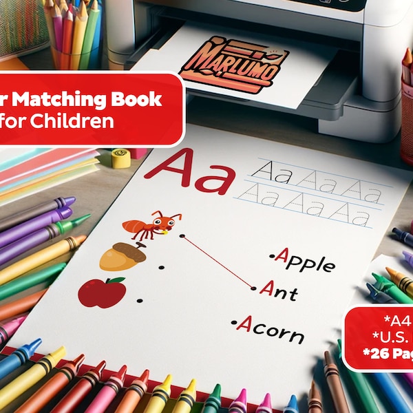 Kids Alphabet Matching Book, Connect Letters with Objects, 26 Pages of Fun & Learning, Printable PDF, Educational Activity, A4 US Letter