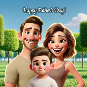 Ritratto di famiglia personalizzato in stile Pixar – Regalo per la festa del papà per papà, mamma, bambino o animale domestico – 3 personaggi dei cartoni animati – Illustrazione digitale