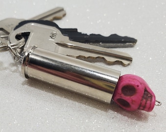 Bullet keychain, 44 mag keychain, skull keychain, silver bullet, bullet jewelry, pink skull