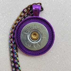 20-gauge shotgun necklace, purple necklace, rainbow necklace, bullet necklace, bullet jewelry