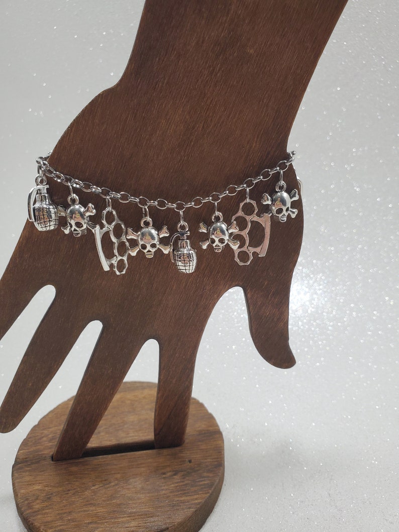 Skull Charm Bracelet, Brass Knuckle Bracelet, Hand Grenade Bracelet