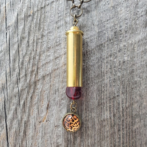 357 Mag bullet necklace, leopard print necklace, red necklace, bullet necklace, bullet jewelry