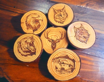 Rustic Engraved Coasters, Wildlife Animal Coasters, Natural Wood Coasters, Coasters for Cabin, Gift for Outdoorsman, Live Edge Coaster Set 6