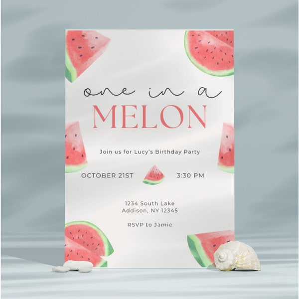 ONE IN A MELON: One in a melon birthday, First Birthday, Invite, Digital Download.