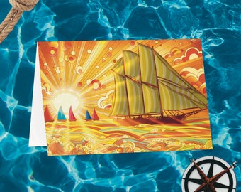 Carte de voeux nautique vibrante, aventure maritime au coucher du soleil coloré, carte pour une occasion spéciale, intérieur vierge pour personnalisation