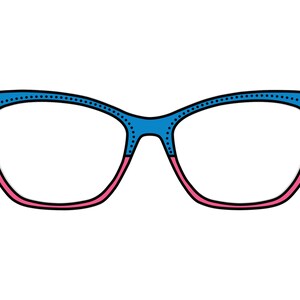 Może przedstawiać: Para okularów z niebieską oprawką, różowymi dolnymi obwódkami i pomarańczowymi akcentami. Górna część oprawki jest pokryta małymi czarnymi kółkami. Okulary mają kształt kociego oka.