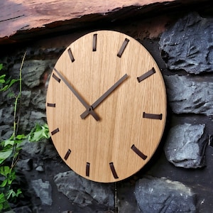 DALLAS Wooden Clock OAK Veneer brown leather HANDCRAFTED 15.75&#39;&#39;