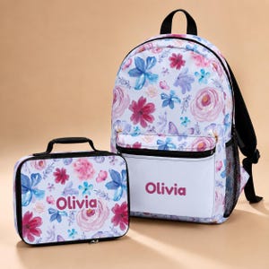 Kinderrucksack mit Blumenmuster, personalisiertes Set mit Namen, Aquarell-Schulrucksack-Set für Grundschüler, passendes Set für Teenager